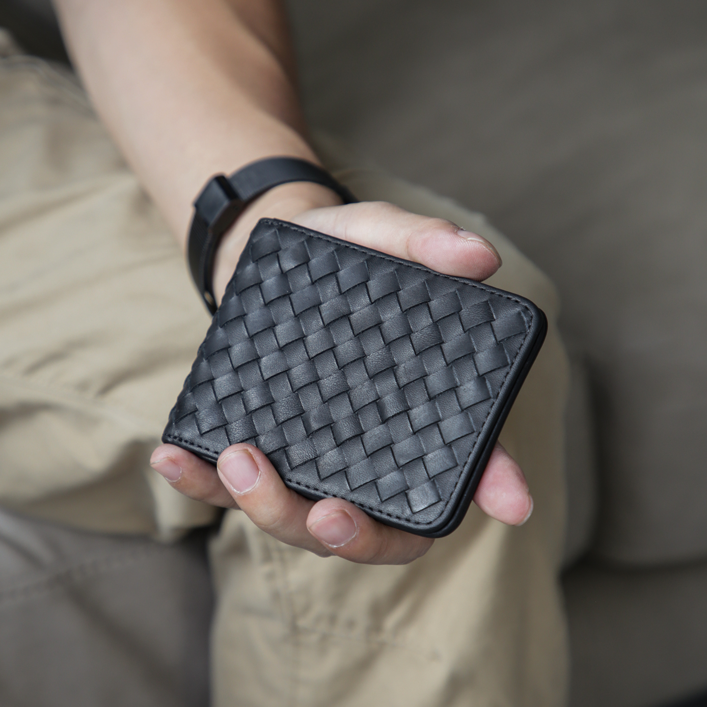 古造真皮编织男士证件包