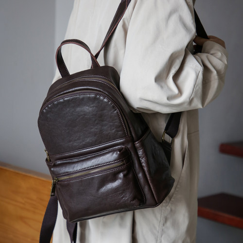 古造真皮女双肩包植鞣头层牛皮