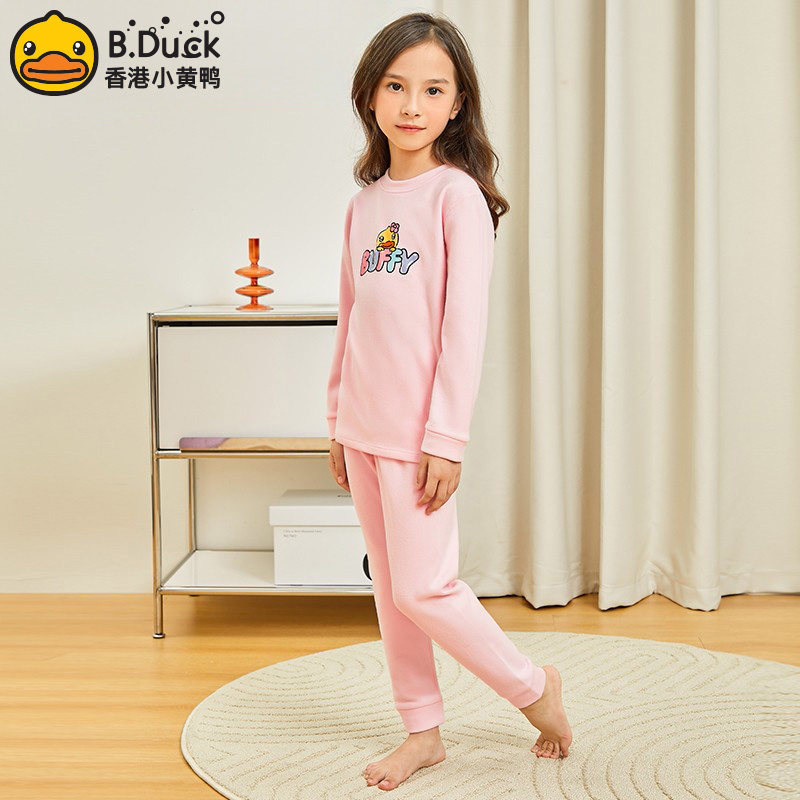 B.Duck小黄鸭秋冬长袖家居服套装卡通可爱保暖睡衣圆领中大童女孩