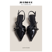 女镂空交叉扣带黑色高跟鞋 佐一不服法式 气质细跟包头凉鞋