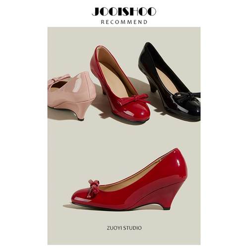 法式绝美小跟鞋高跟单鞋子女士红色婚鞋春秋季新款坡跟一脚蹬女鞋