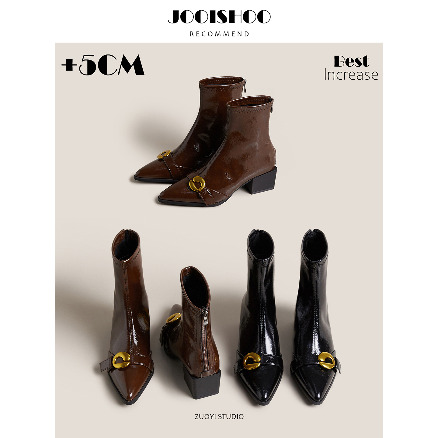 法式尖头粗跟短靴女漆皮金属扣瘦瘦靴增高女靴