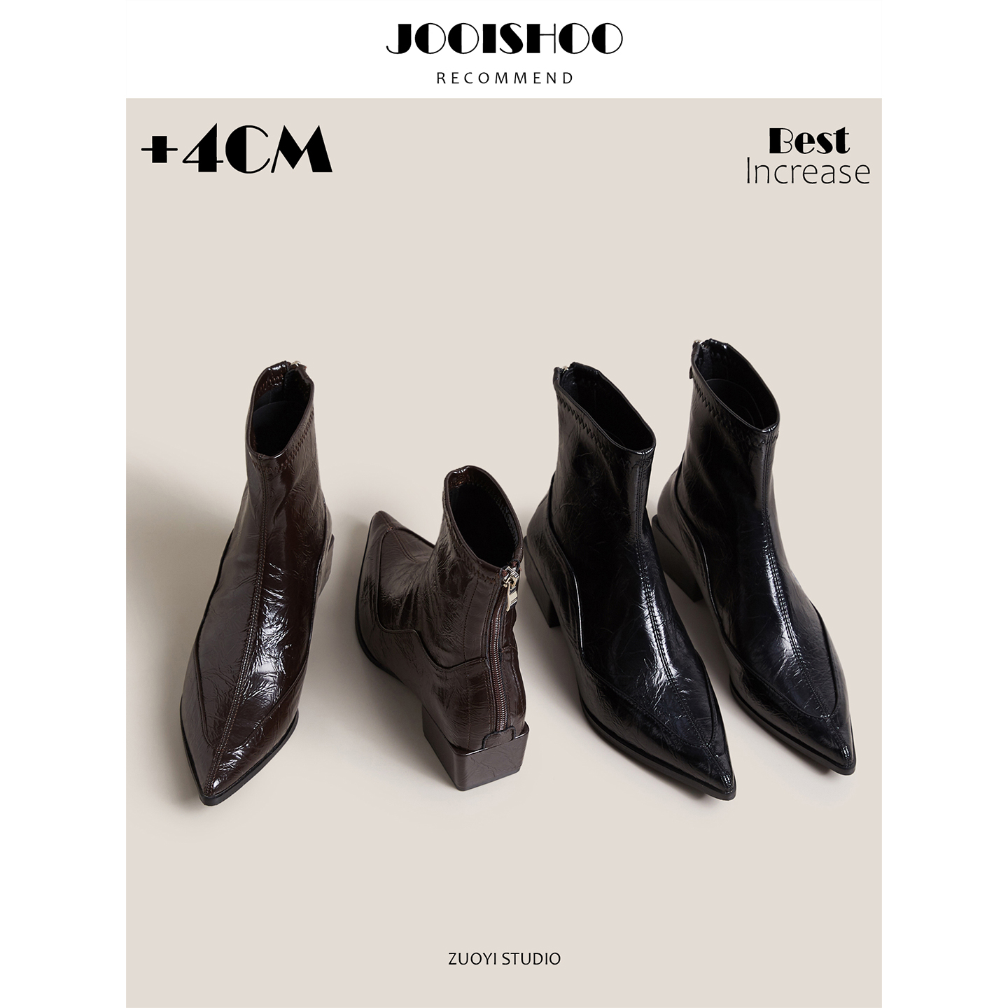 法式复古漆皮尖头粗跟短靴女中跟瘦瘦靴增高4CM