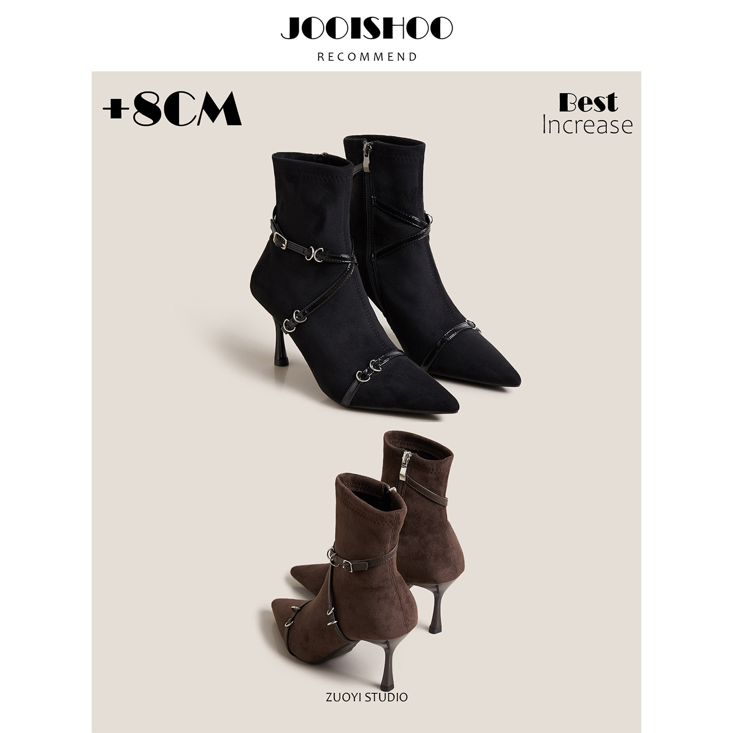 欧美风尖头细跟短靴女皮带扣侧拉链显瘦瘦瘦靴时装靴