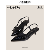 小众通勤高跟鞋 佐一法式 漆皮小猫跟2026尖头后空蝴蝶结黑色高跟鞋