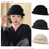 千金风优雅毛呢礼帽女冬季 复古蝴蝶结短檐保暖帽子