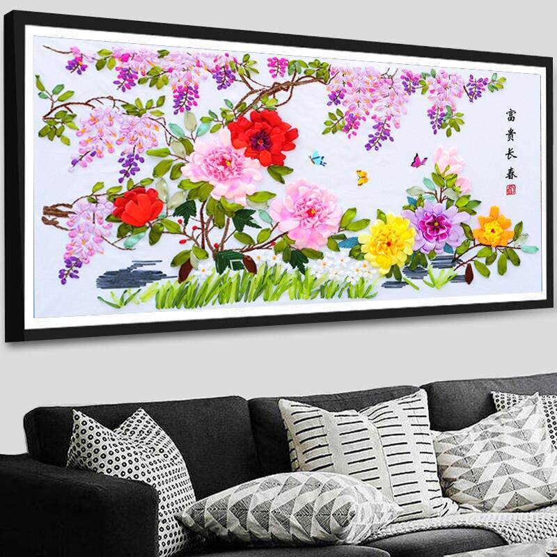 包邮新款立体彩带丝带绣客厅大幅挂画 富贵长春花开全绣 非十字绣