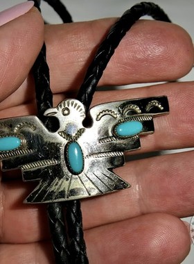 Vintage美产印第安祖尼手工制作天然松石镍银波洛领带bolo tie