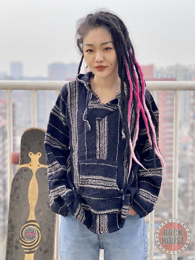 Vintage古着嬉皮风民族风手工梭织墨西哥制baja hoodie厚帽衫卫衣