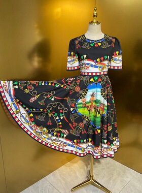 欧美女神D家同款黑白底大花府绸棉布短袖太摆连衣裙 高品质