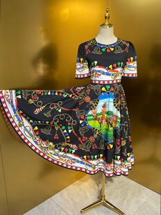 欧美女神D家同款黑白底大花府绸棉布短袖太摆连衣裙 高品质