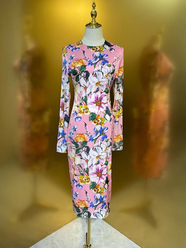 欧美时尚D家同款粉底百合花19姆米双乔长袖收腰真丝连衣裙高品质