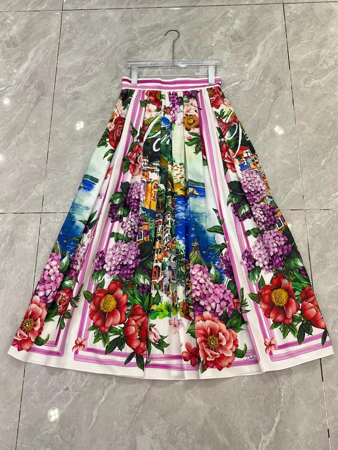 欧美时尚女神D家同款海景牡丹花棉布大摆长半裙高品质
