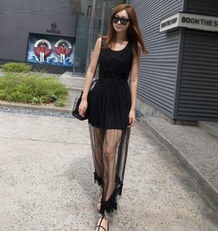 清仓夏季新款韩版女装性感网纱断层背心连衣裙 钩花蕾丝无袖长裙