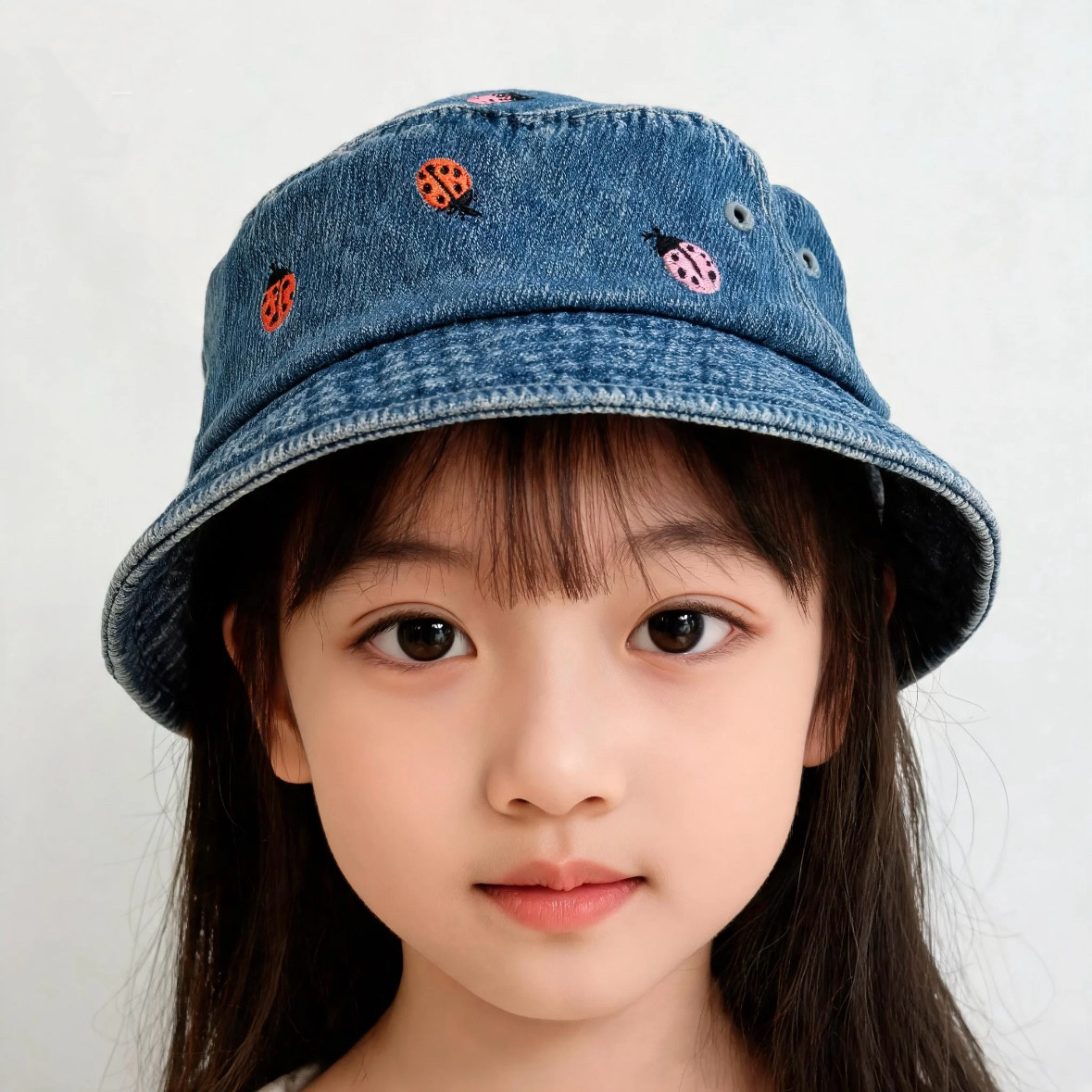 阿克特350!100%棉女童纯棉牛仔刺绣印花渔夫帽遮阳帽儿童盆帽
