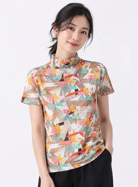 桑蚕丝通勤碎花立领短袖妈妈小衫
