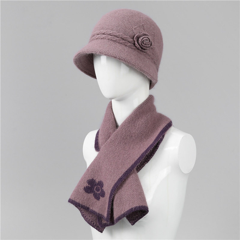 中老年人秋冬季帽子女纯色优雅花朵妈妈帽加厚兔毛保暖针织毛线帽