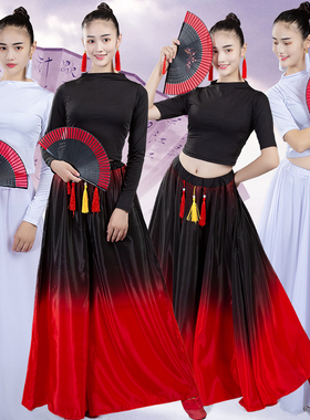 古典舞蹈书简舞演出服装女成人中国风扇子流苏黑红白色练功服套装