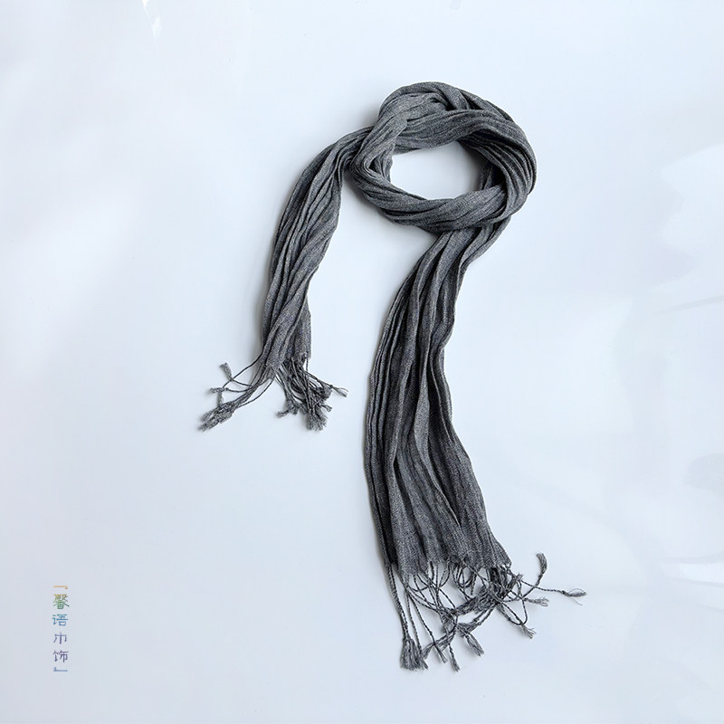 麻灰文艺素色亚麻丝巾褶皱流苏围巾森系棉麻服饰四季搭配男女围脖