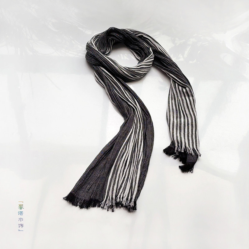 黑灰白素棉拼色条纹围巾褶皱棉麻长巾秋冬男女保暖围脖休闲百搭