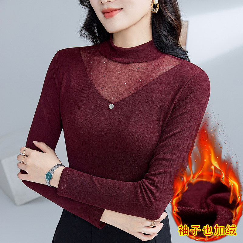 半高领T恤女秋装网纱加薄绒打底衫内搭镂空烫钻蕾丝上衣洋气小衫