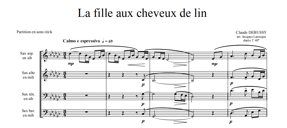 萨克斯四重奏德彪西:亚麻色头发的少女总分谱