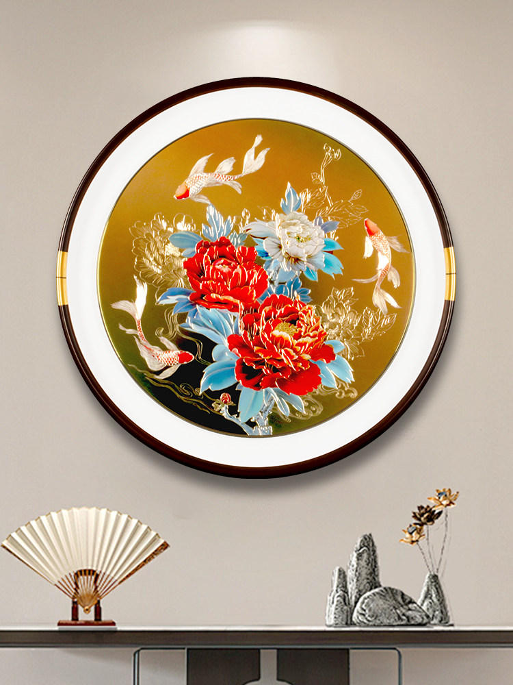 圆铜雕画、门厅装饰画、牡丹铜板、手工餐厅、新中国风走廊挂画