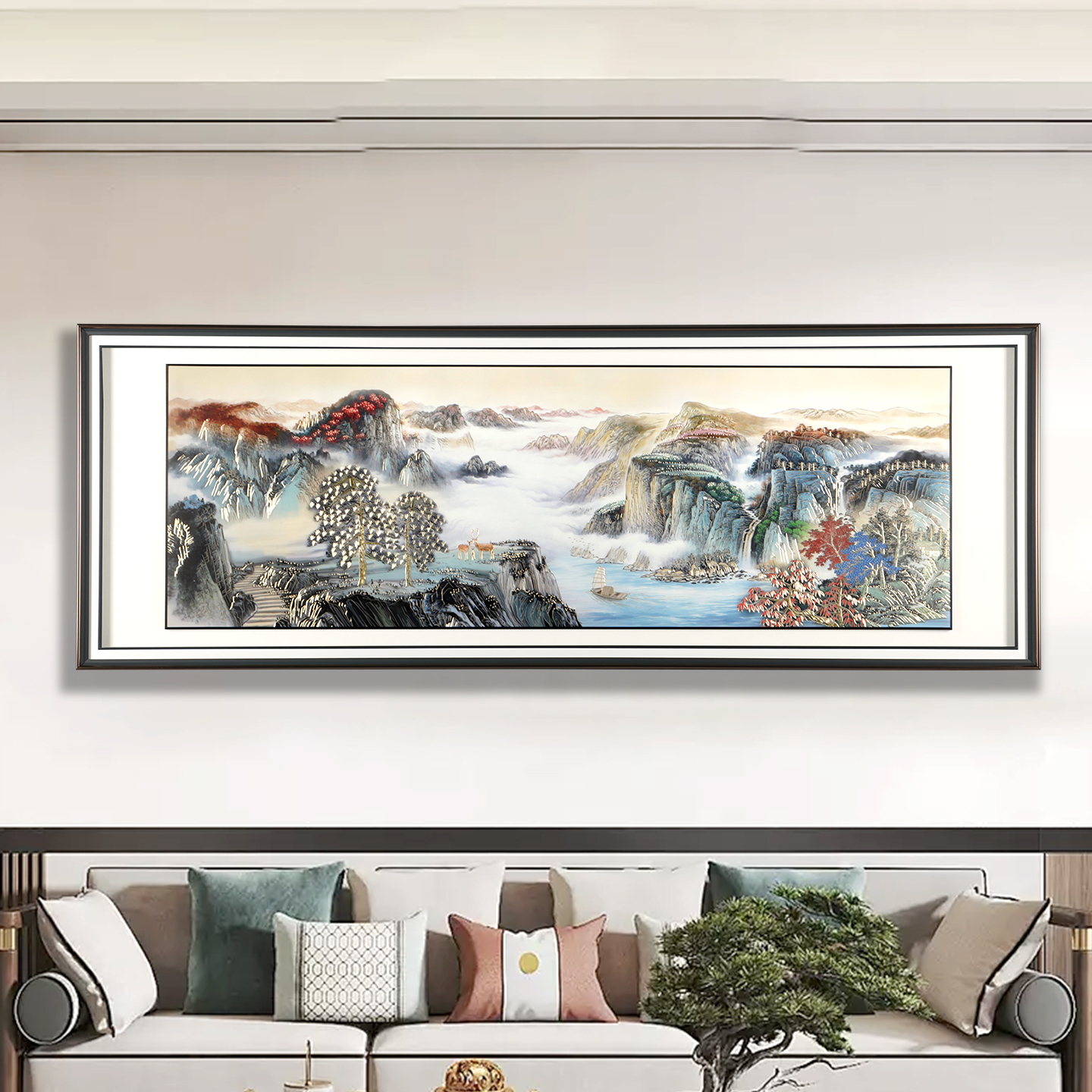 客厅沙发背景墙装饰画铜雕画源远流长办公室挂画简约山水画横版