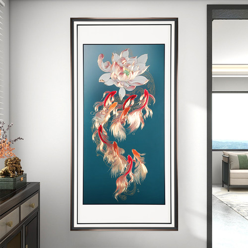 九鱼图入户玄关装饰画 画竖版铜雕画 画走廊过道加灯挂画 画2025
