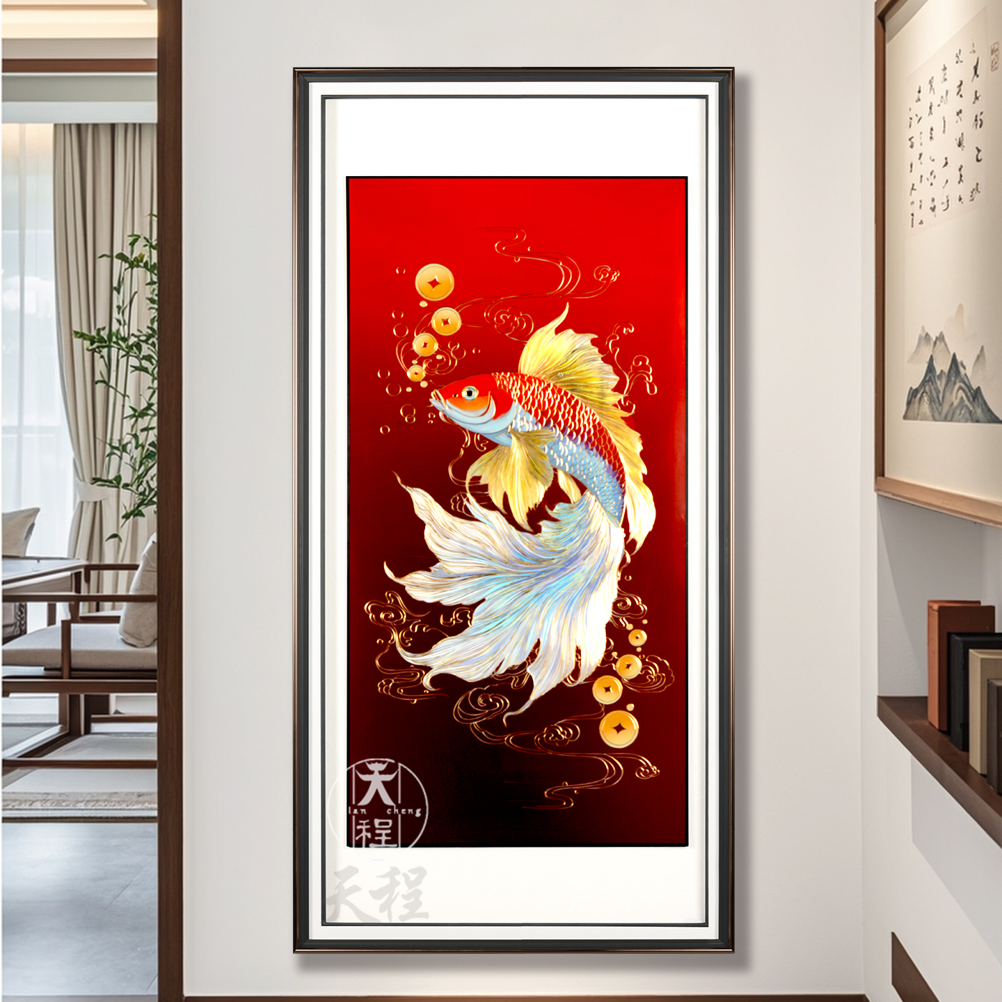 锦鲤图入户玄关装饰画铜雕画走廊