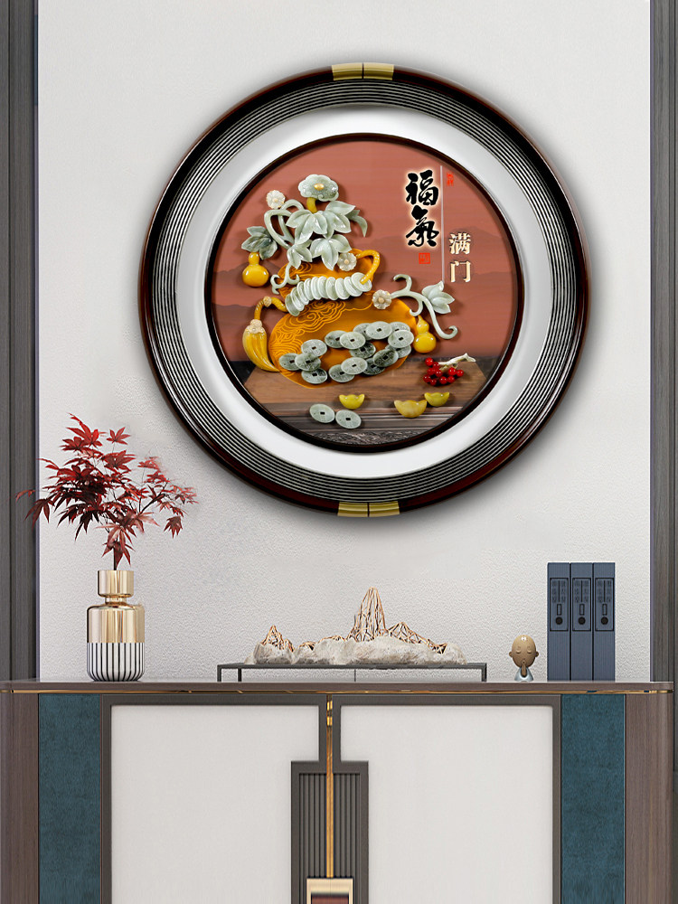 入户玄关装饰画感应灯玉雕圆形新中式进门led灯挂画入门高级立体