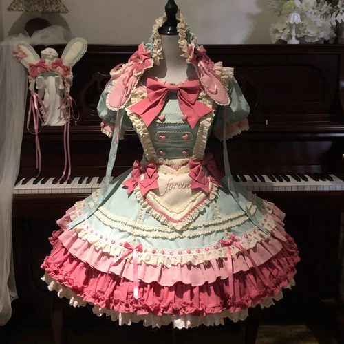 【现货】垂耳兔 粉绿撞色 心动玩偶原创Lolita片裁女仆甜lo