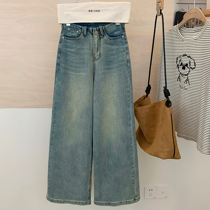 花花家韩系2025秋冬新款复古做旧直筒宽松显瘦抓绒阔腿牛仔裤子女