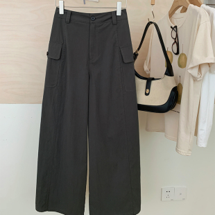 女休闲阔腿裤 花花家韩系2025夏季 裤 灰色高腰宽松显瘦工装 子女 新款