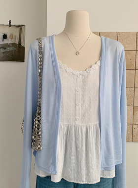 花花家韩系温柔简约蓝色开衫女薄款透气百搭春夏防晒长袖短外套女