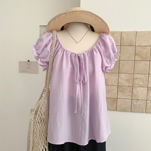 花花家韩系夏季新款法式温柔风泡泡袖方领系带衬衫女紫色小衫上衣