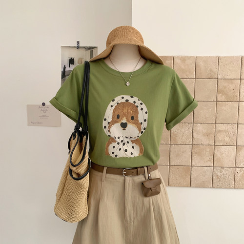 花花家韩系夏季新款小狗绿色印花短袖T恤女卷边圆领小众遮肉上衣