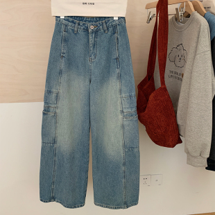 女宽松显瘦阔腿裤 花花家韩系2025秋季 牛仔裤 复古做旧工装 子 新款