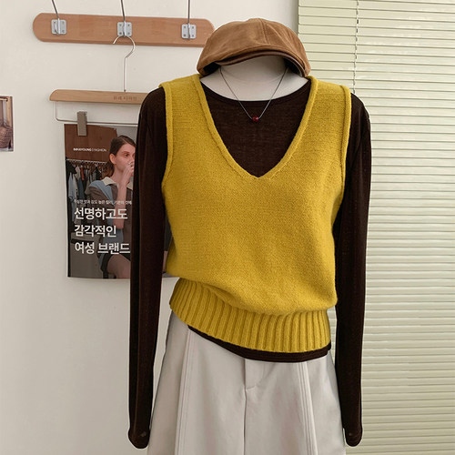 花花家韩系秋冬新款圆领长袖内搭针织马甲女宽松显瘦两件套上衣女