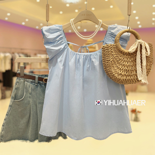 蓝色衬衫 甜美减龄无袖 设计感方领系带小飞袖 娃娃衫 上衣女 法式 韩版