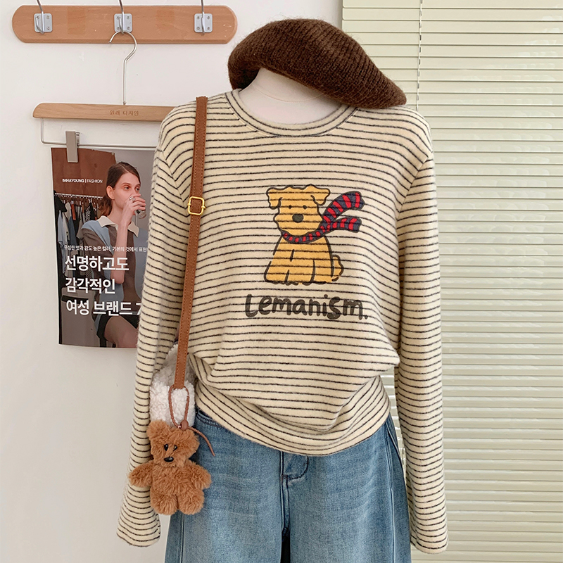花花家韩系2025秋冬新款印花条纹长袖T恤女磨毛休闲显瘦内搭上衣