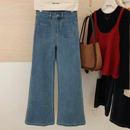 花花家韩系2025秋冬新款高腰显瘦喇叭牛仔裤女百搭休闲阔腿长裤子