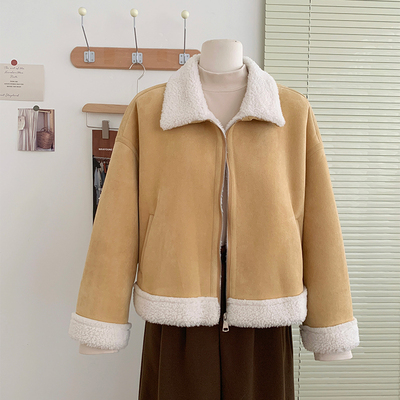 花花家韩系2025秋冬新款翻领简约羊羔毛外套女小个子加厚短上衣女