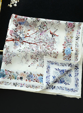 花鸟卷 中式经典复古斜纹绸真丝桑蚕丝丝巾65中方巾披肩