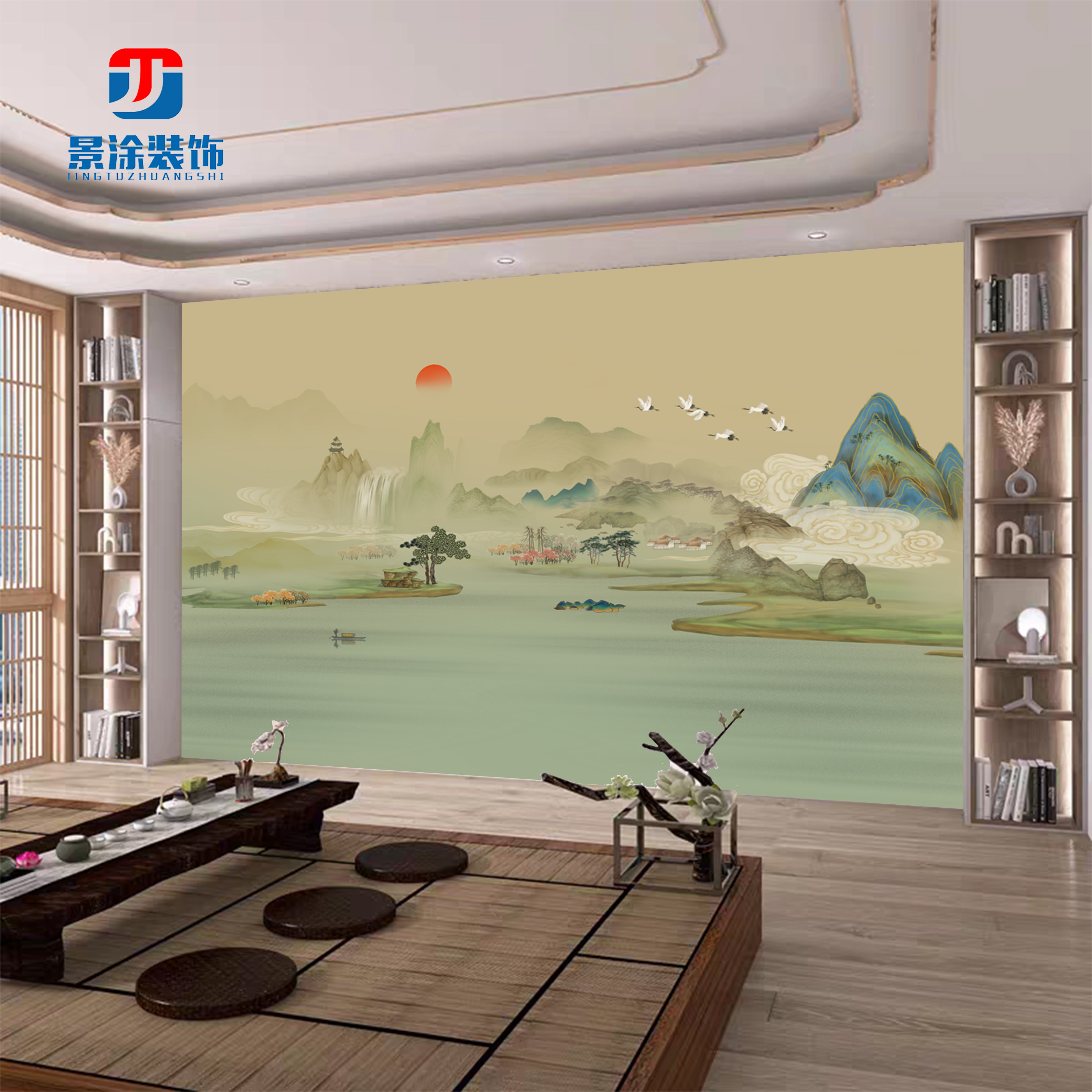 千里江山图壁布2026新款电视背景墙新中式山水客厅背景墙定制壁画