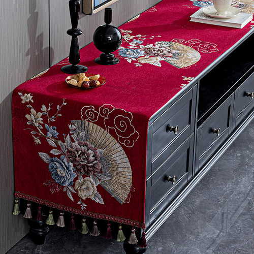 红色电视柜盖布喜庆婚庆桌布长条鞋柜盖巾布艺高级感茶几桌旗高档