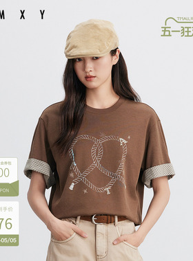 古木夕羊春秋时尚气质短袖印花T恤女袖口拼接设计上衣GR550091022
