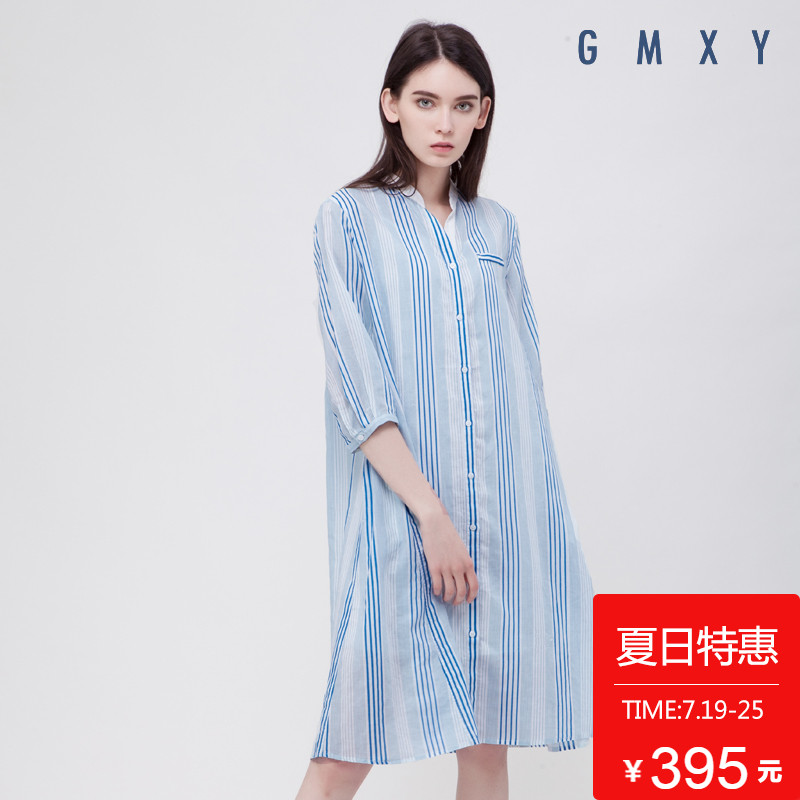【商场同款】GMXY2017夏女装新品条纹棉麻衬衫裙立领五分袖裙女