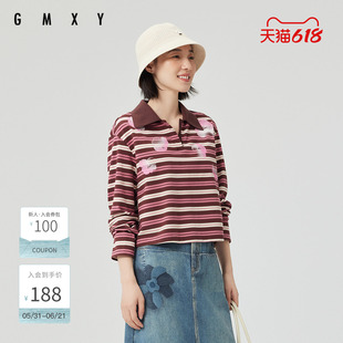 古木夕羊洋气条纹设计翻领印花长袖T恤女GS510091007