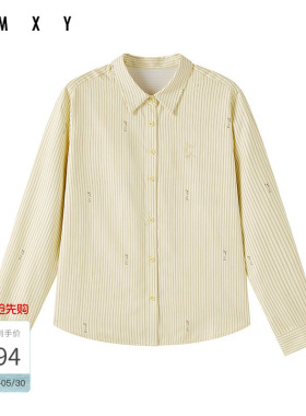 古木夕羊休闲条纹淡黄色纽扣女士上衣宽松翻领长袖衬衫GR61082029